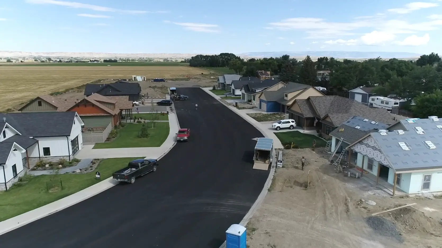 New construction of Cottonwood Village aerial view in Powell, Wyoming built by Harvell Homes